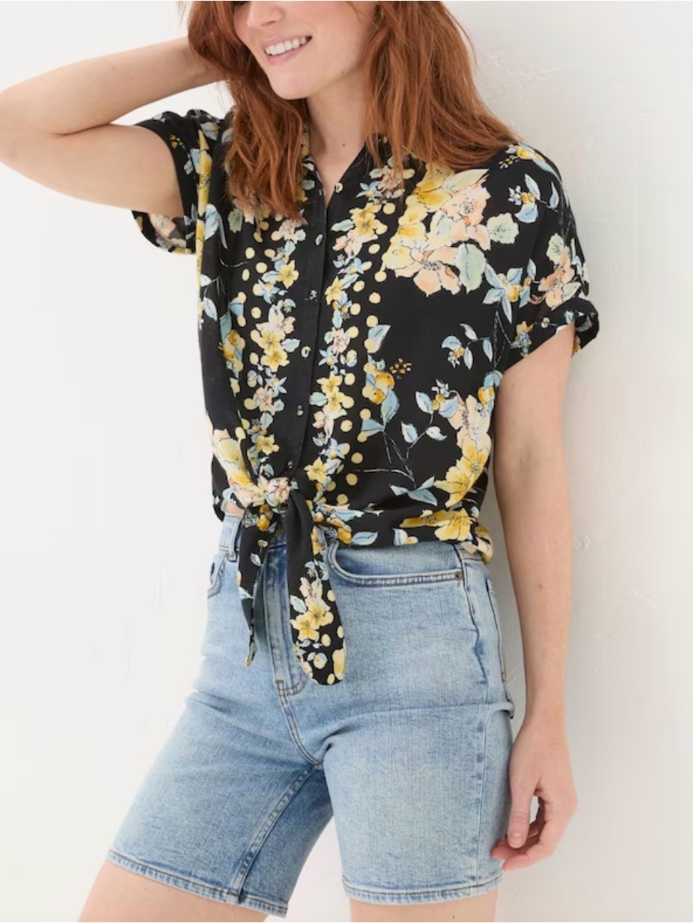 Fat Face Black Floral Short Sleeve Tie-Front Button Down Shirt